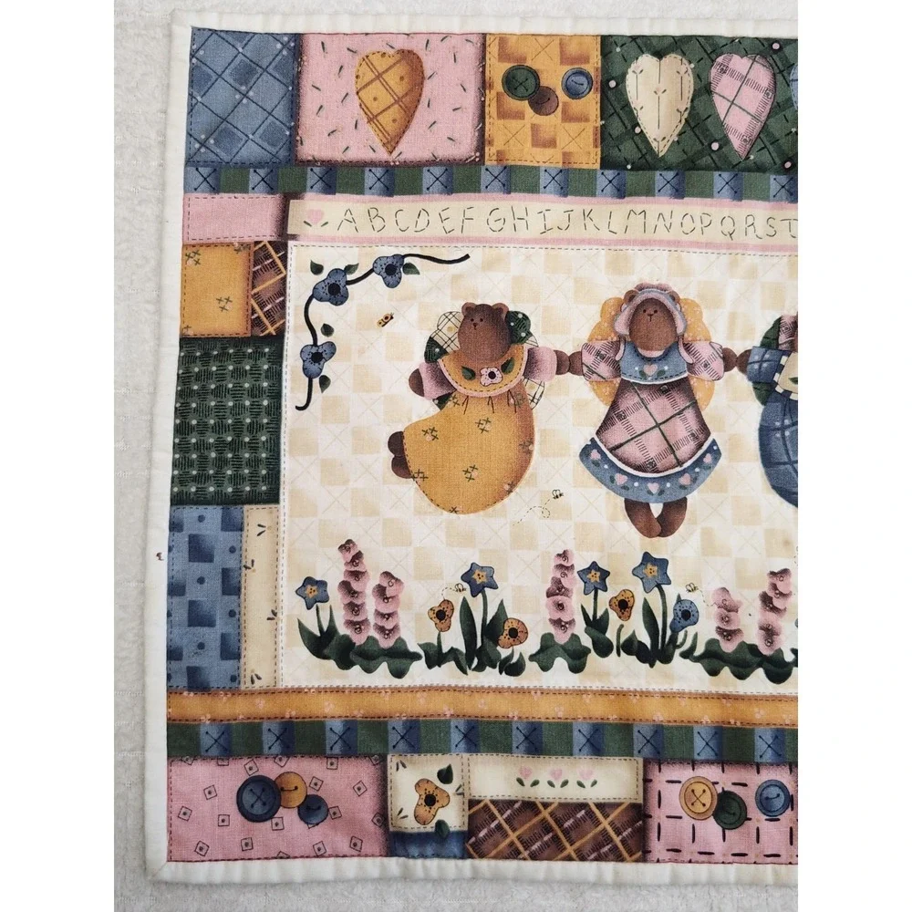 Leslie Beck Placemats Cranstson- Set Of Four Bear Angels Faux Quilt Cottage Core